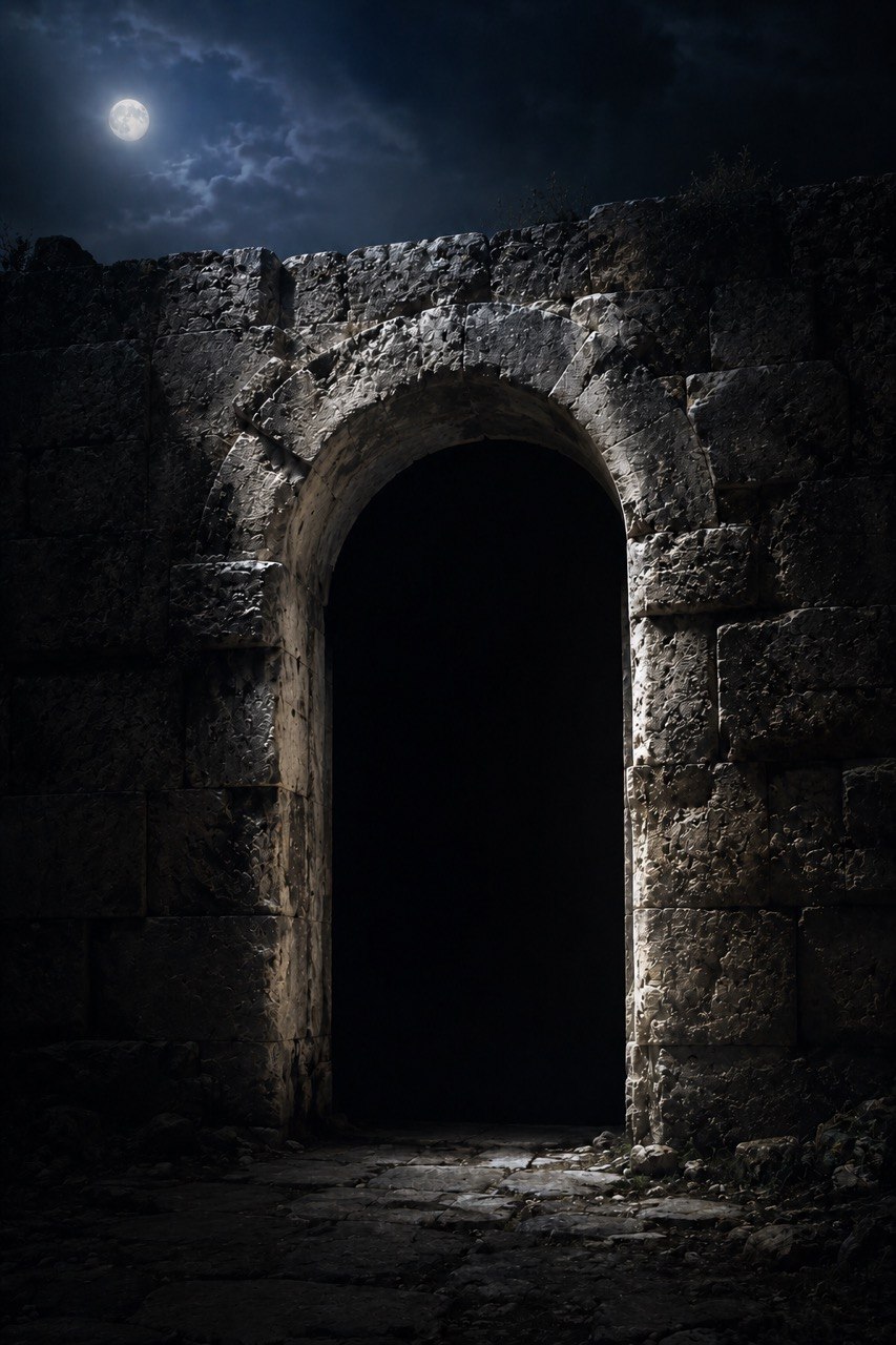 An ancient stone doorway, arched, moonlit, opening into darkness