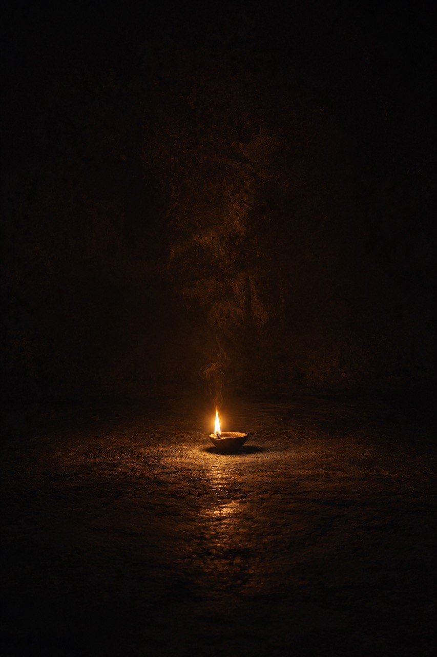 A single oil-lamp flame burning in a dark stone chamber