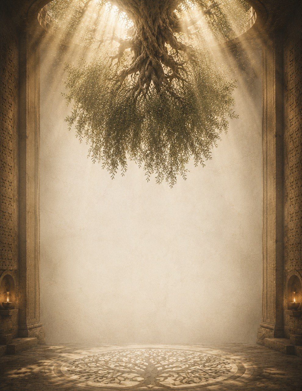 The inverted olive tree at the heart of the temple — roots toward the sky, branches toward the congregation