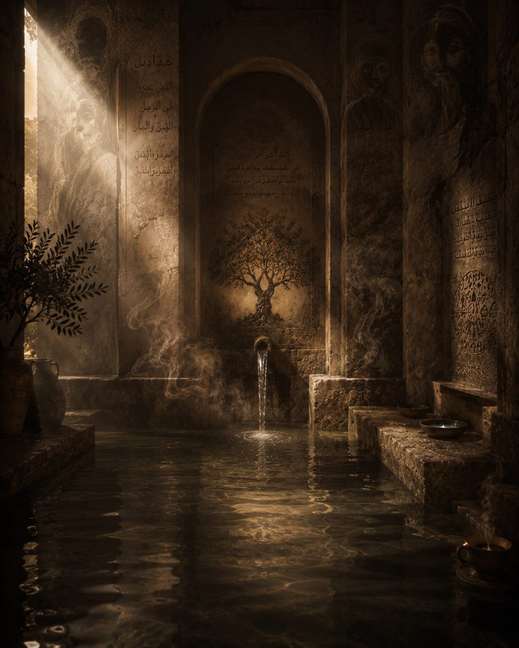 A dark inner chamber — water pouring from a spout below a tree-of-life relief