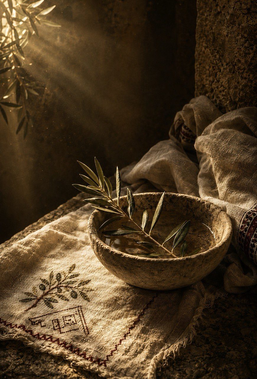An olive sprig resting in a stone bowl on embroidered cloth, soft light from above