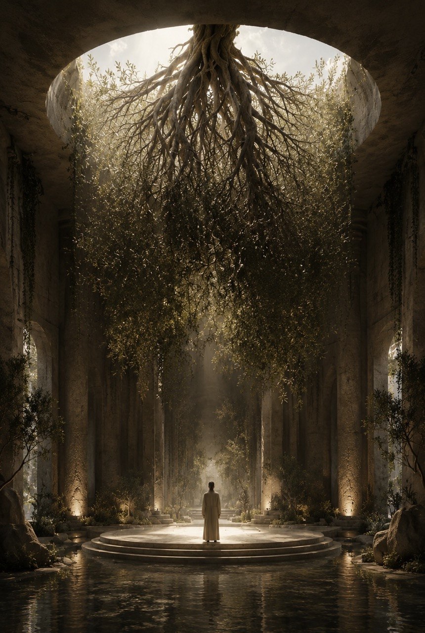Inside the temple of Pray Land — an inverted olive tree above a still pool